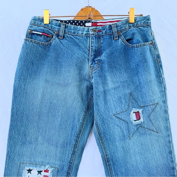 TOMMY HILFIGER | Y2K LOW RISE STAR PATCH FLARE RAW HEM JEANS BLUE WASH SIZE 11 - Picture 2 of 7